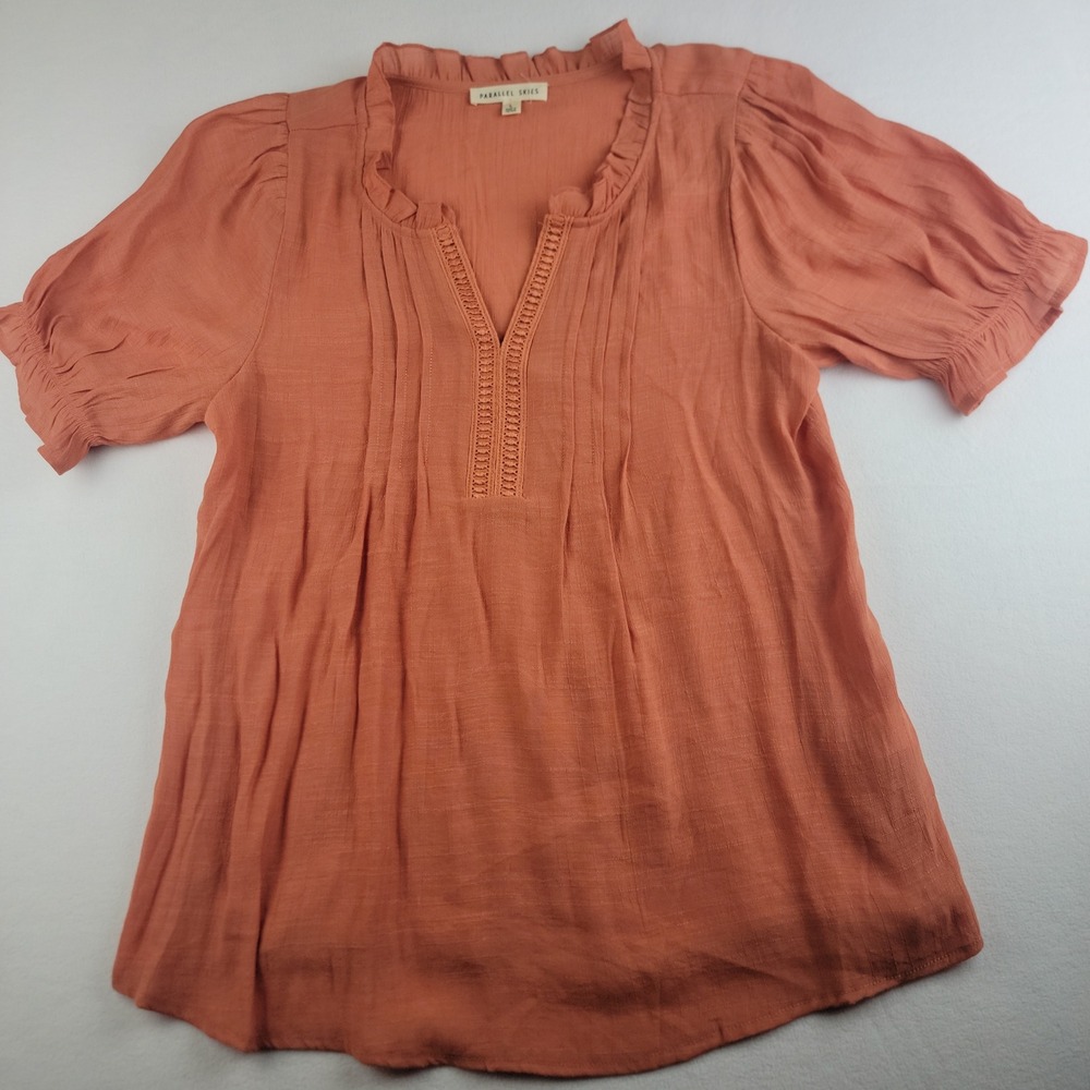Parallel Skies Womens Terracotta Orange Ruffle Lace V-Neck Blouse TP-MS-2052 L